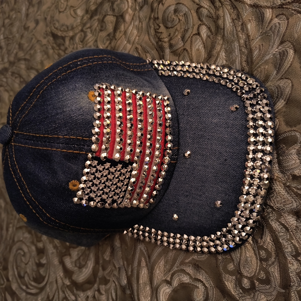 Denim Cap with Rhinestone American Flag